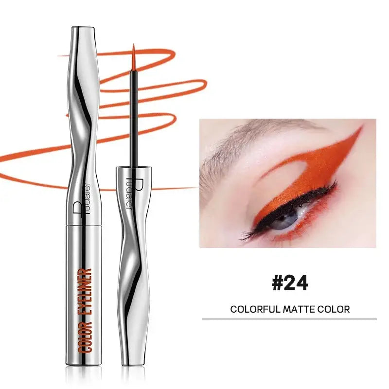 Metallic eyeliner tube with a spiral orange design and accompanying eye makeup example.