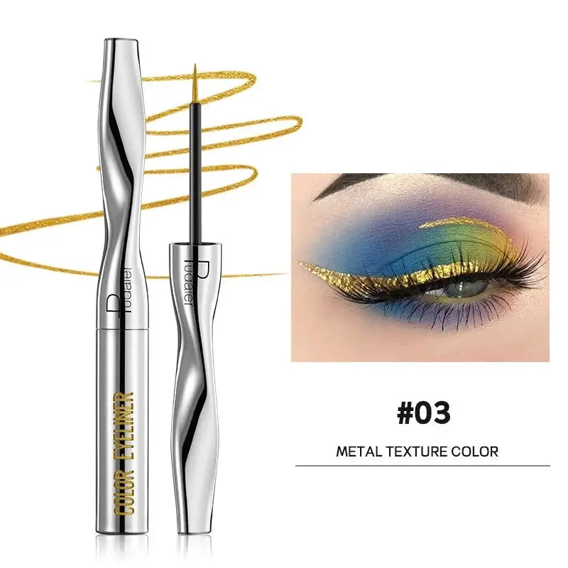 Metallic gold liquid eyeliner with a sleek silver applicator wand.