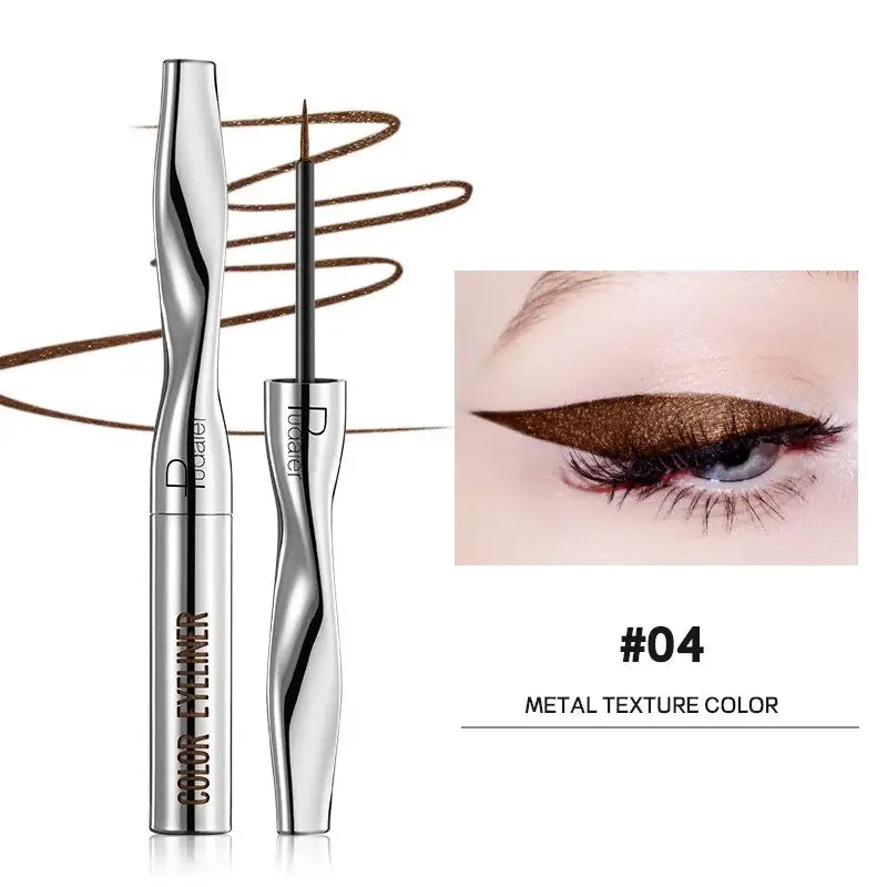 Metallic liquid eyeliner with a sleek silver applicator wand.