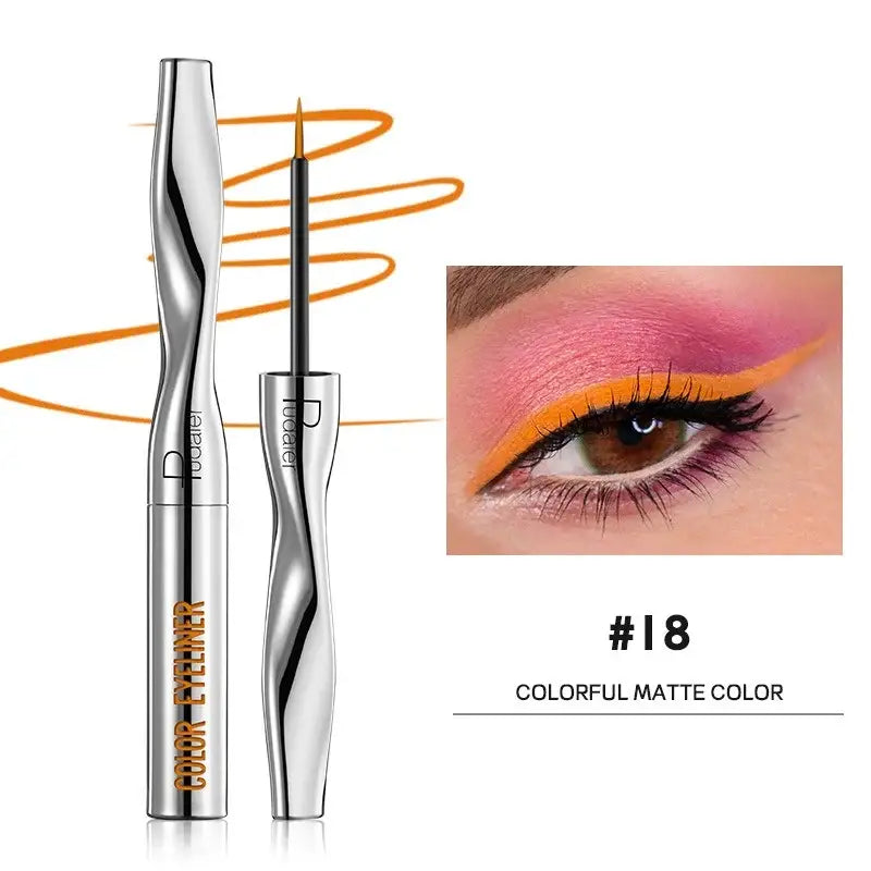 Metallic mascara tube with a spiral orange design around it.