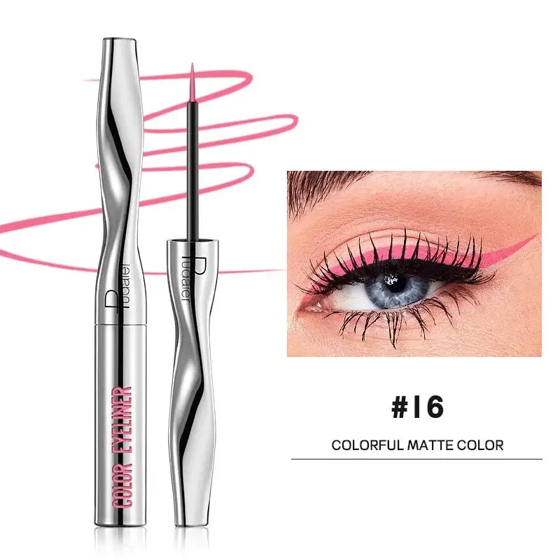 Metallic mascara wand with a pink spiral design and accompanying eye makeup example.