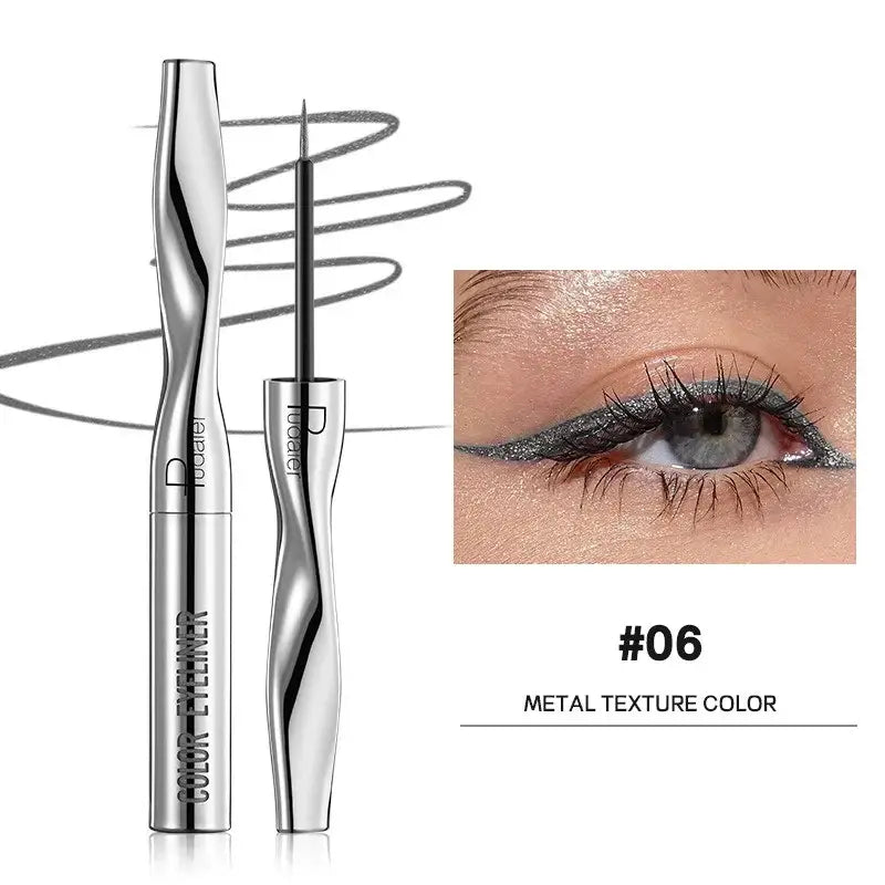 Metallic silver eyeliner pen with a spiral-shaped applicator tip.