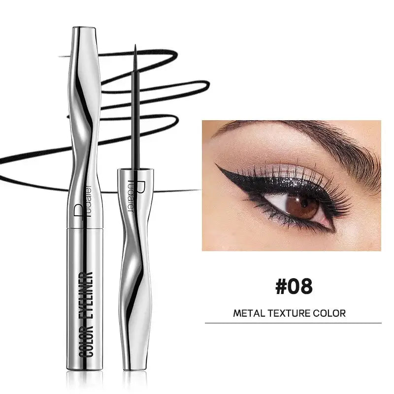 Metallic silver eyeliner pen with a curved, ergonomic design.