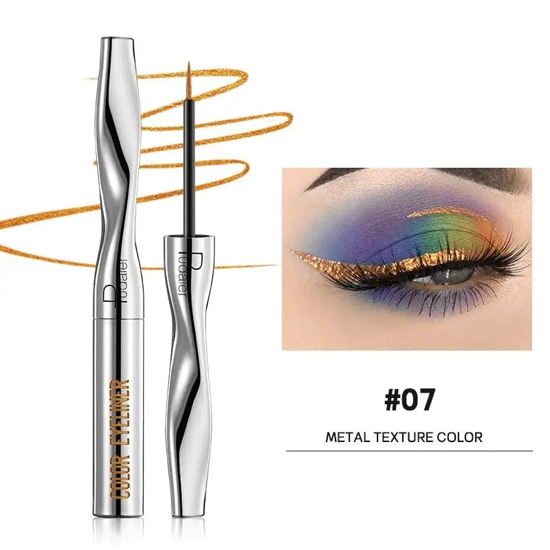 Metallic silver eyeliner pen with a spiral design on its body.