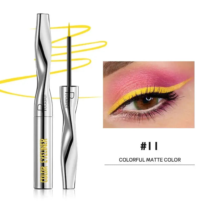 Silver metallic eyeliner pen with yellow swirl design.