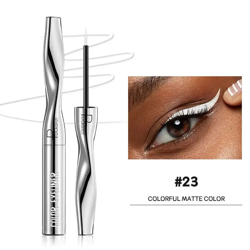 Sleek silver eyeliner pen with a curved, ergonomic design.