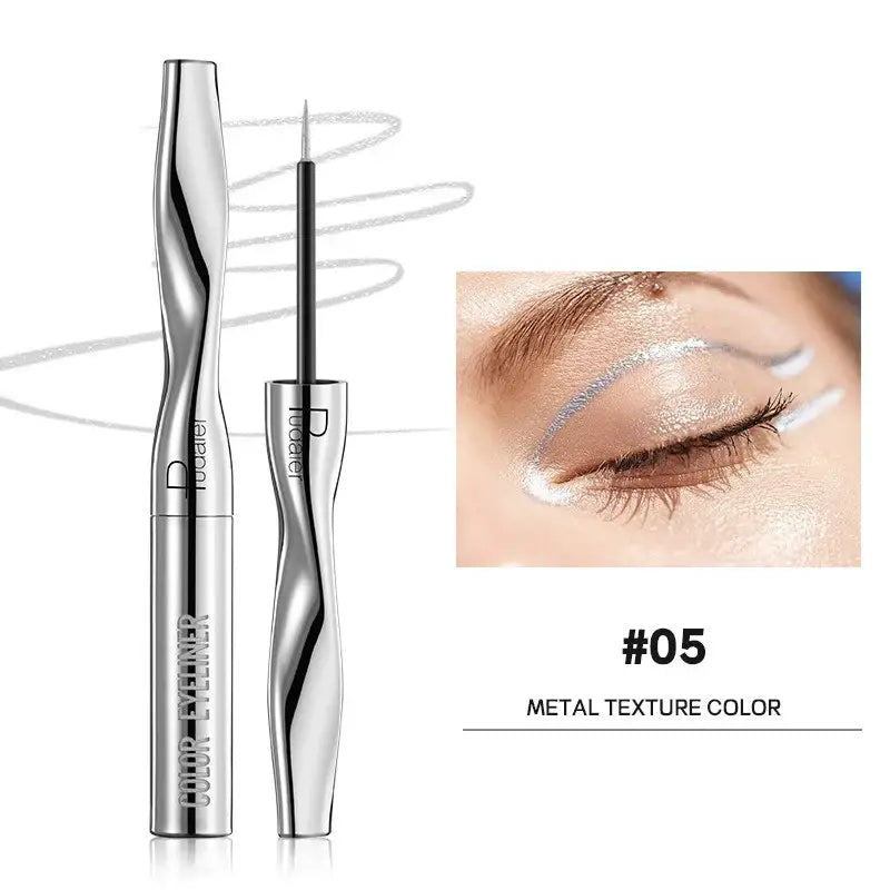 Sleek silver eyeliner pen with a curved metallic body.