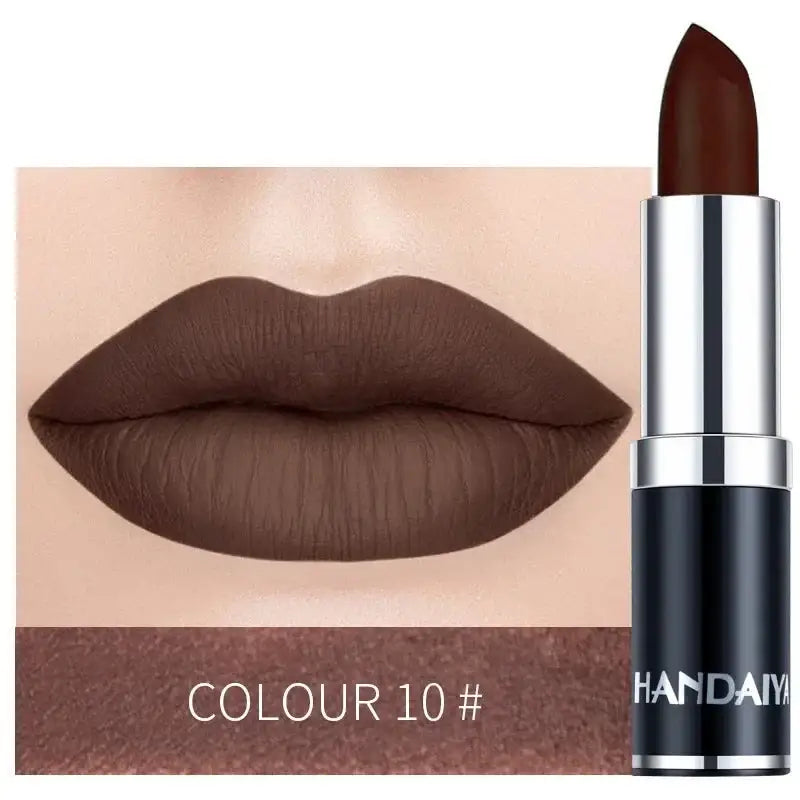 Dark brown matte lipstick with a matching lip swatch.