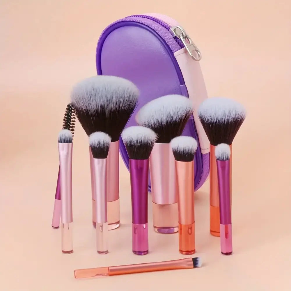 Set of makeup brushes with a purple cosmetic bag.