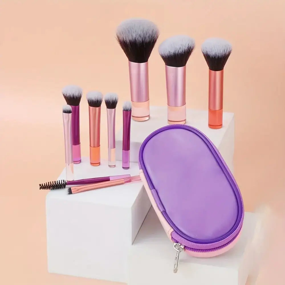 Set of makeup brushes with a purple zippered case.