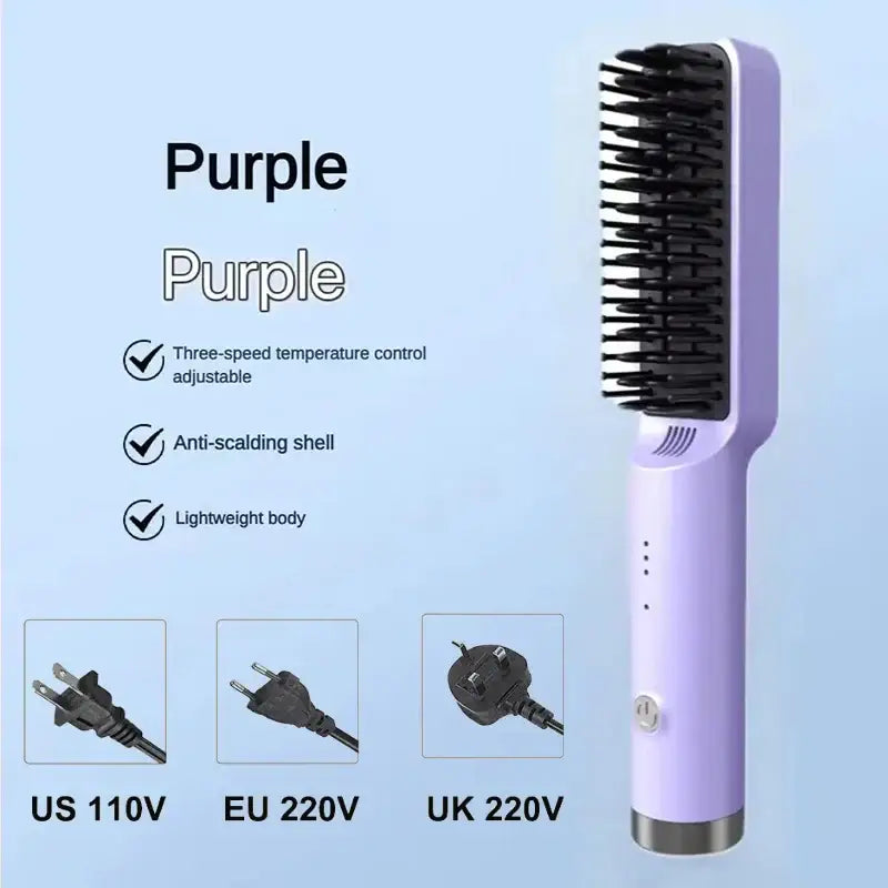 Purple electric hair straightening brush with temperature control and multiple plug options.