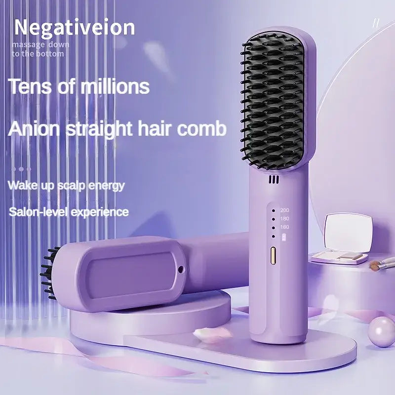 Purple electric hair straightening brush with a long handle and bristled head.