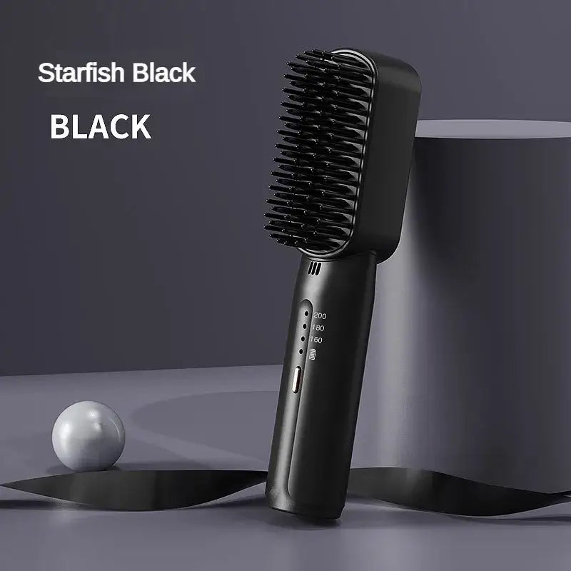 Black electric hair straightening brush with bristles and a handle.