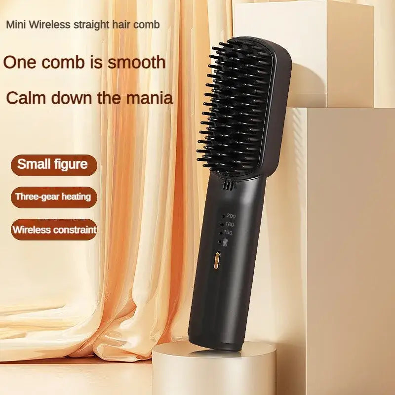 Black wireless hair straightening brush with bristles and a handle.