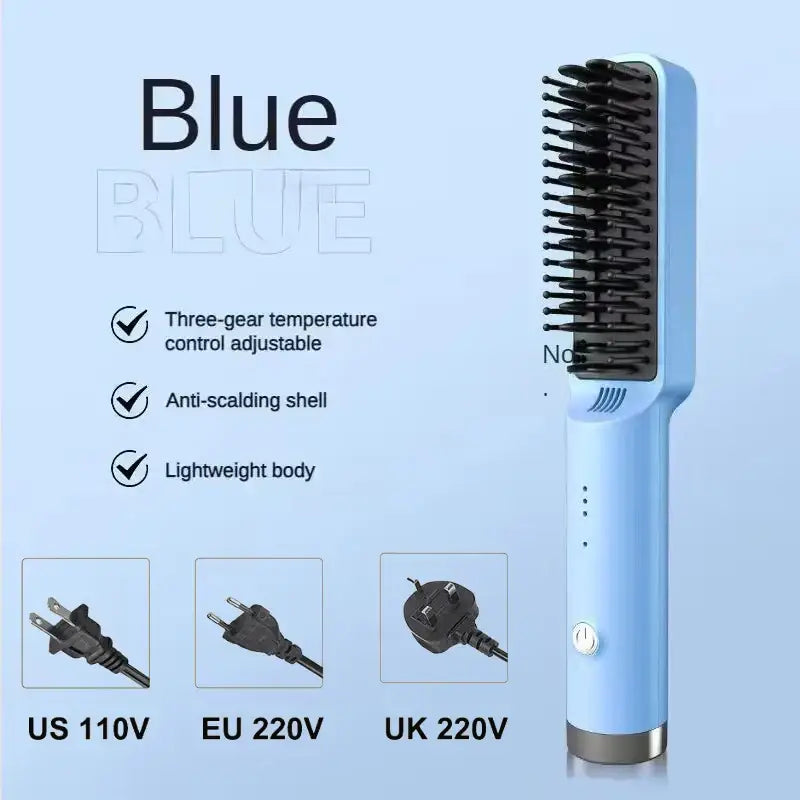 Light blue electric hair straightening brush with temperature control and multiple plug options.