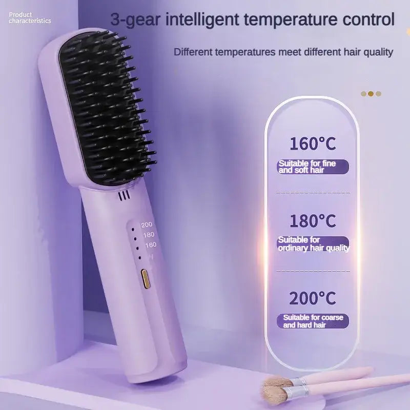 Lilac-colored hair straightening brush with temperature control settings.