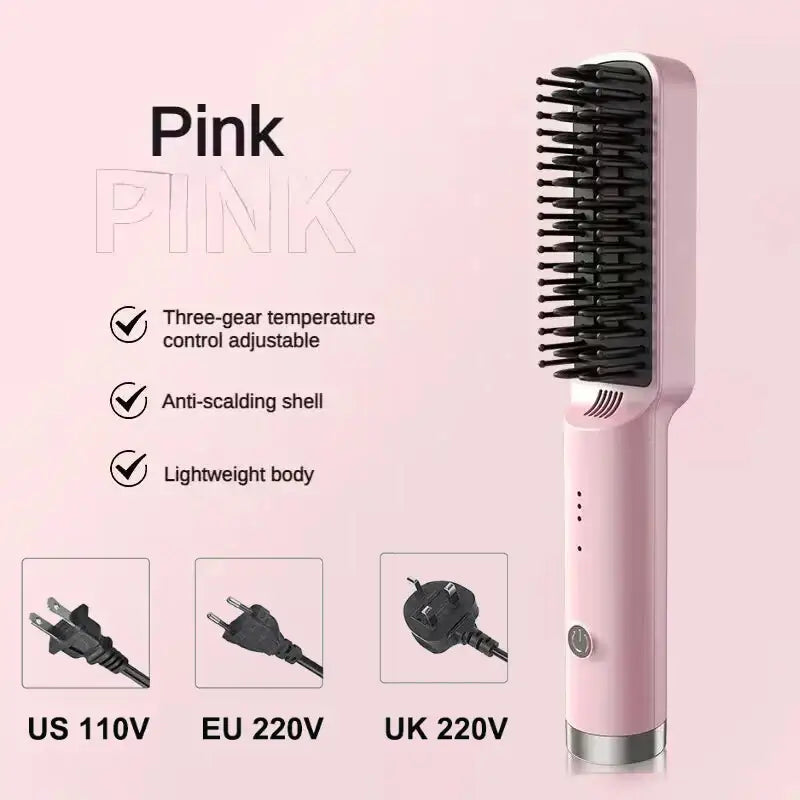 Pink electric hair straightening brush with temperature control and multiple plug options.