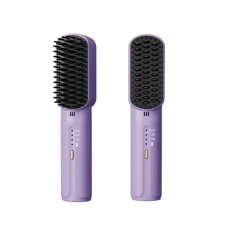 Purple hair straightening brush with two interchangeable heads.