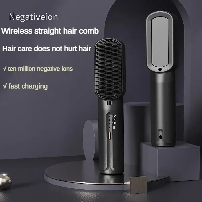 Wireless hair straightening brush with a sleek black design and integrated mirror.