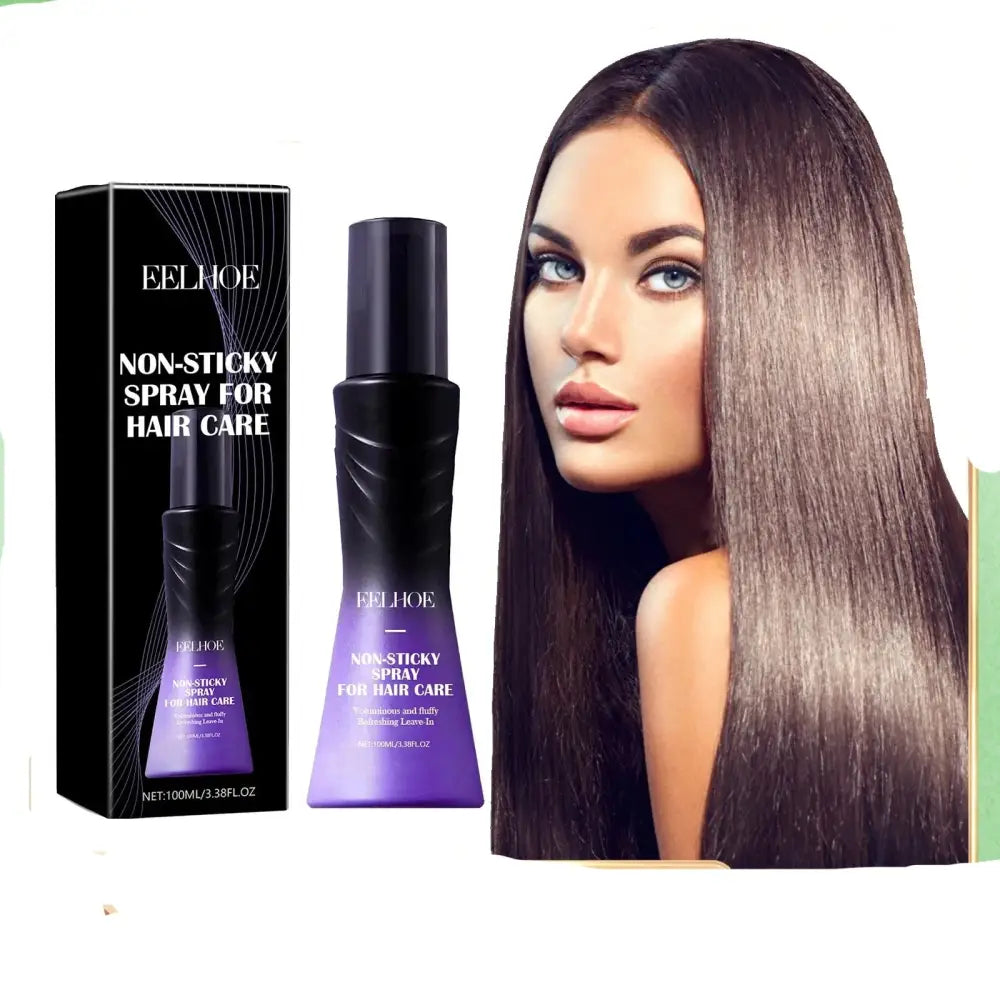 Hair care product featuring a non-sticky spray and an image of long, straight dark hair.