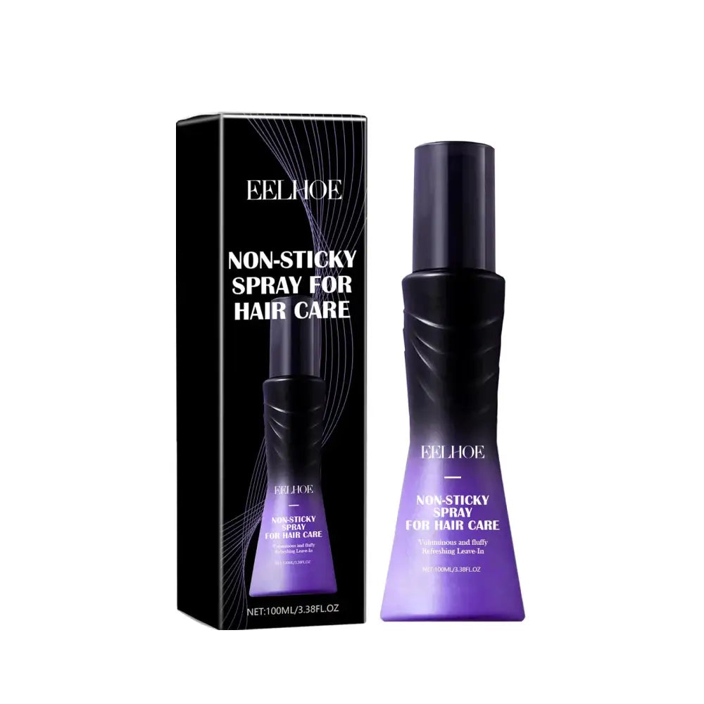 Non-sticky hair care spray product in a black and purple bottle with its packaging box.