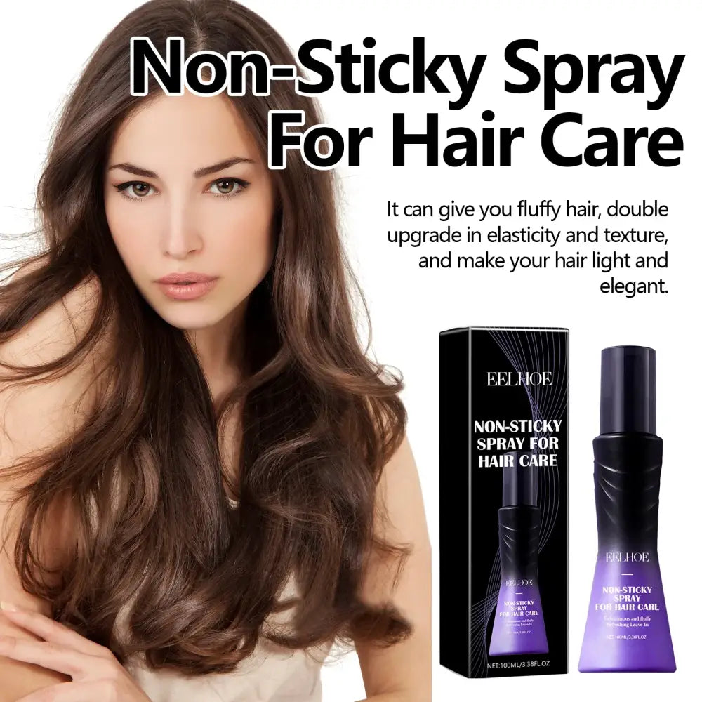 Non-sticky hair spray product for hair care, shown with its packaging and a model displaying long, voluminous hair.