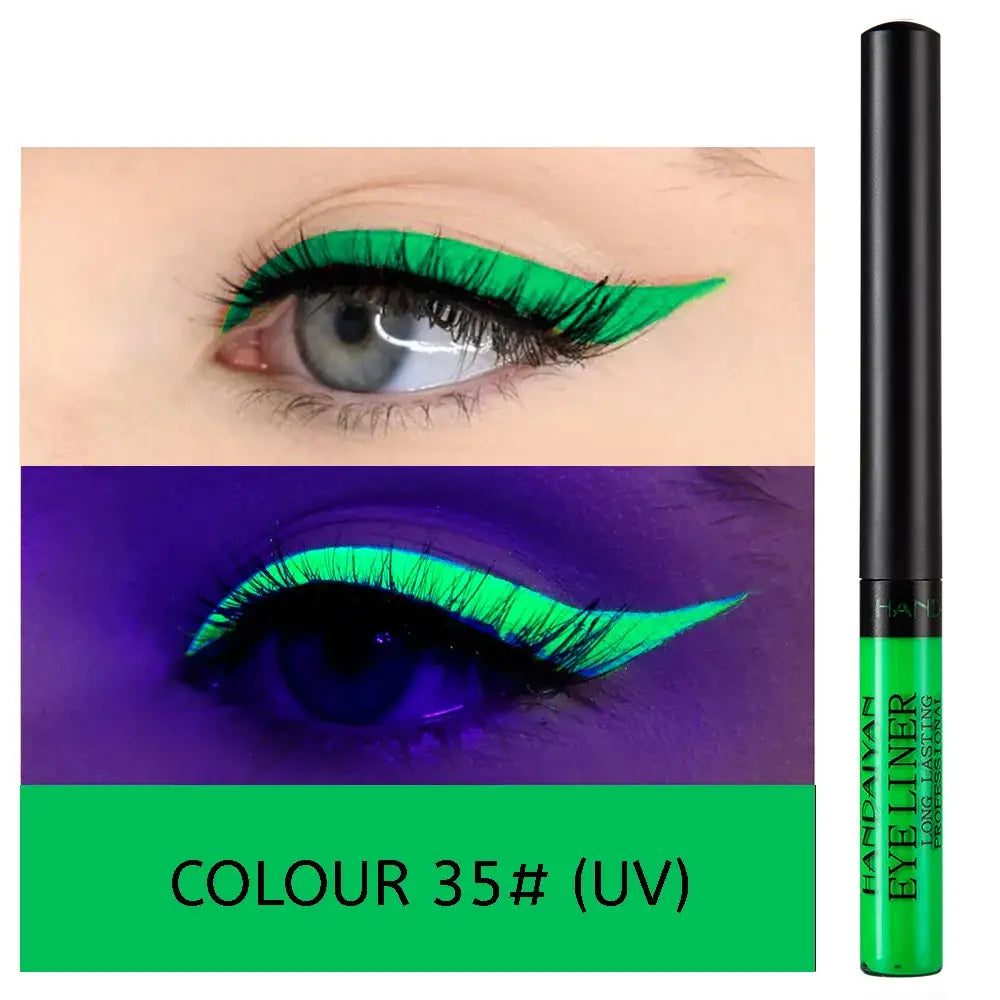 Bright green liquid eyeliner with UV-reactive properties.