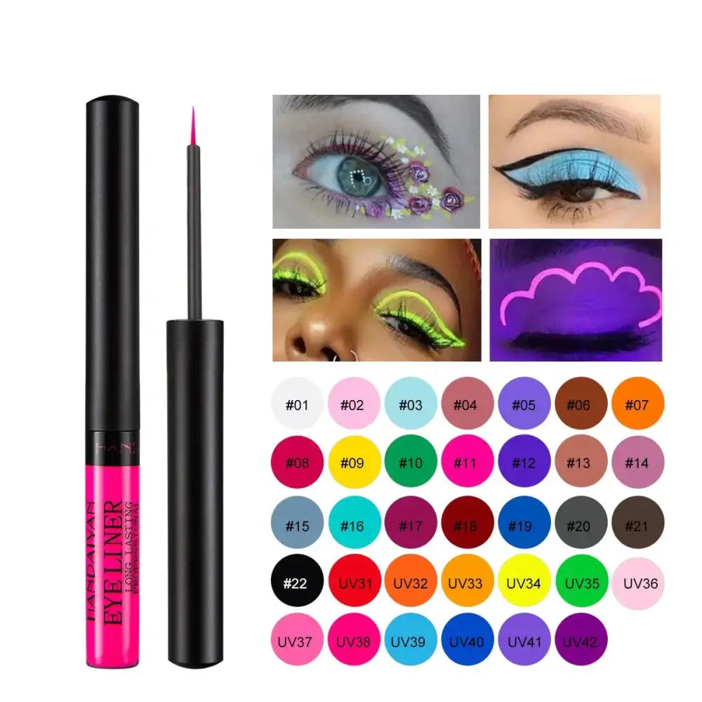 Colorful liquid eyeliner with a variety of shade options displayed alongside eye makeup examples.