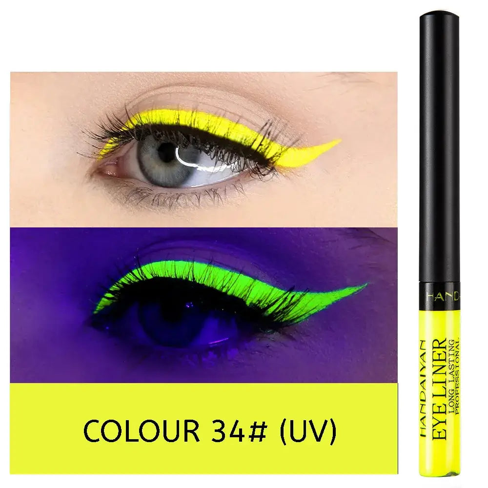 Neon yellow liquid eyeliner with vibrant eye makeup examples.