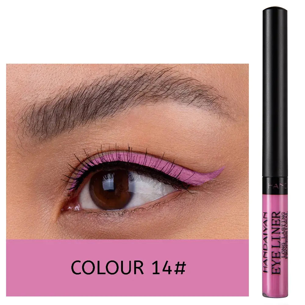 Pink liquid eyeliner pen with a close-up of an eye showcasing the applied product.