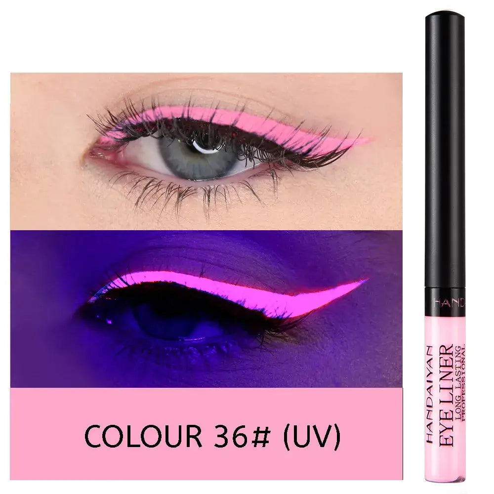 Pink liquid eyeliner product with swatches showing vibrant UV-reactive color.