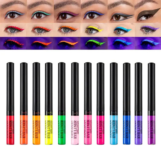 Set of colorful liquid eyeliner pens with corresponding eye makeup examples above.