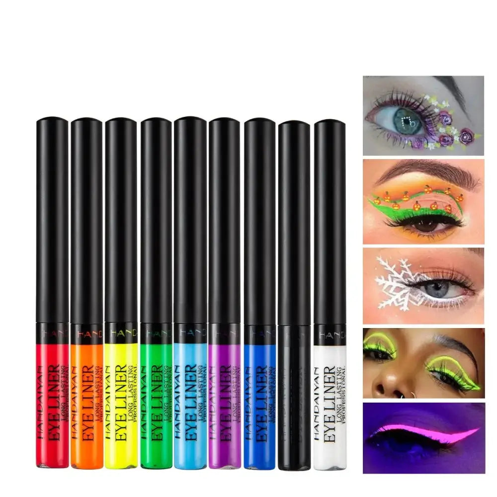 Set of colorful liquid eyeliners alongside eye makeup examples.