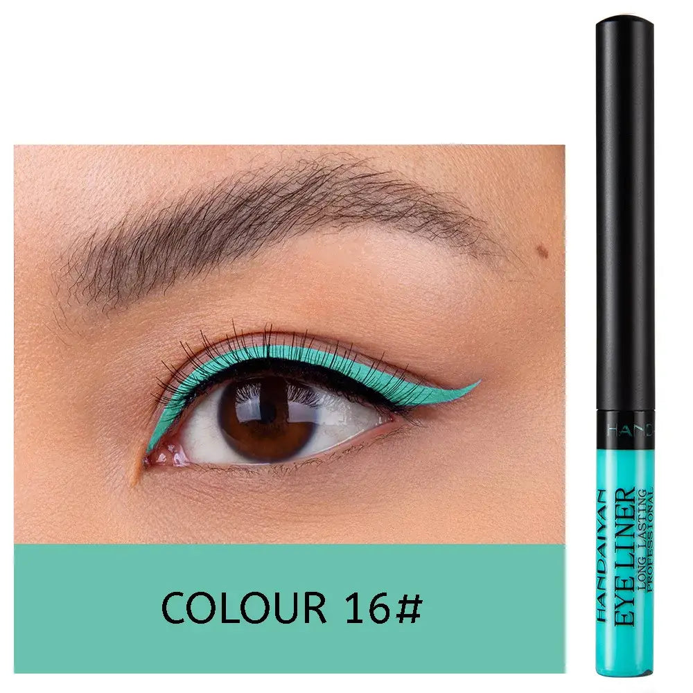 Turquoise liquid eyeliner pen with a close-up of an eye showcasing the vibrant color application.