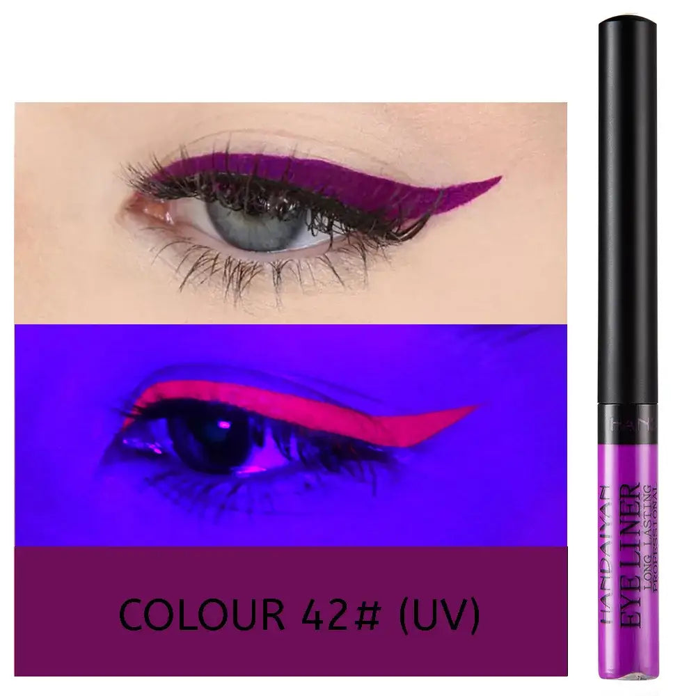 Vibrant purple liquid eyeliner pen with swatches showing bold winged eye looks.