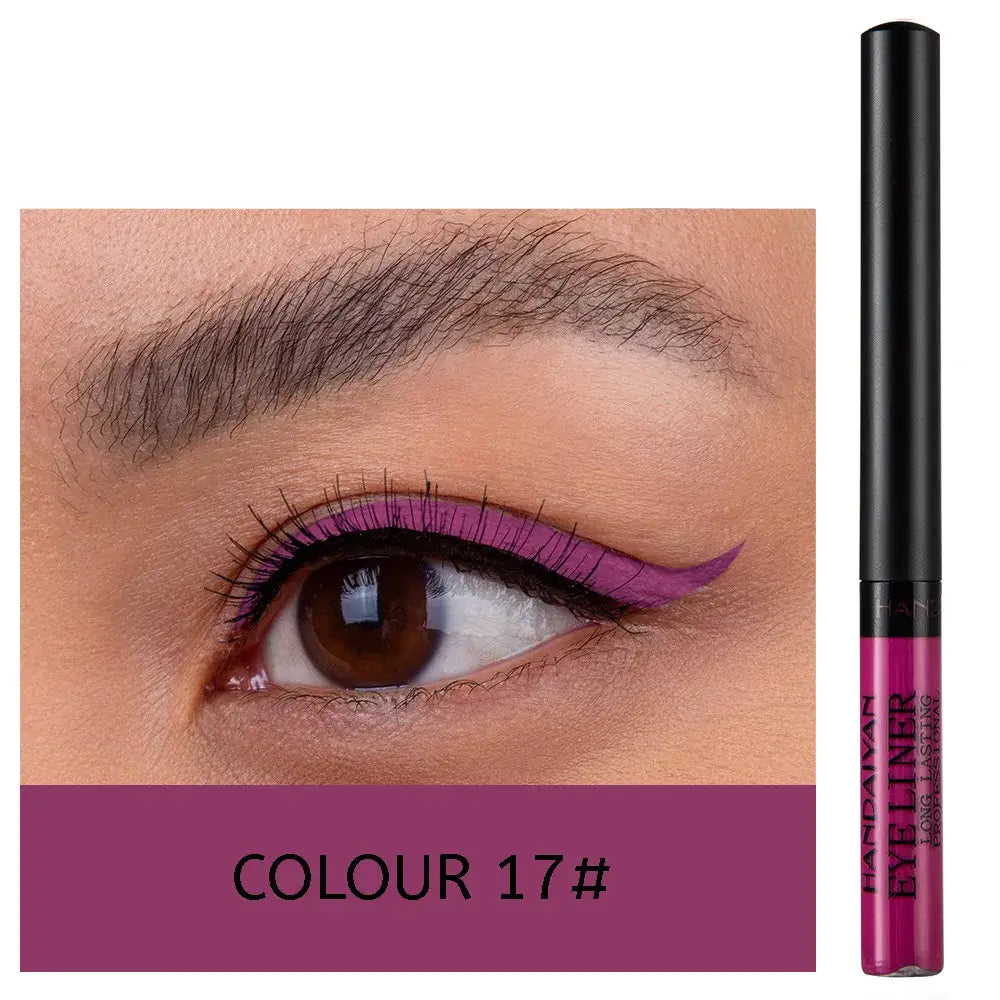 Liquid eyeliner pen in vibrant magenta color with a swatch showing its application on an eye.