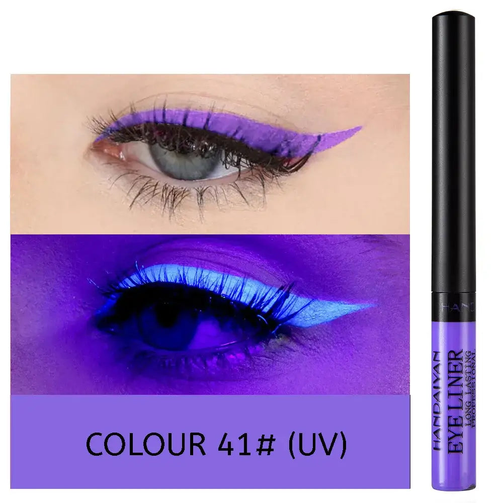 Vibrant purple liquid eyeliner with UV-reactive properties, shown applied in two eye makeup looks.