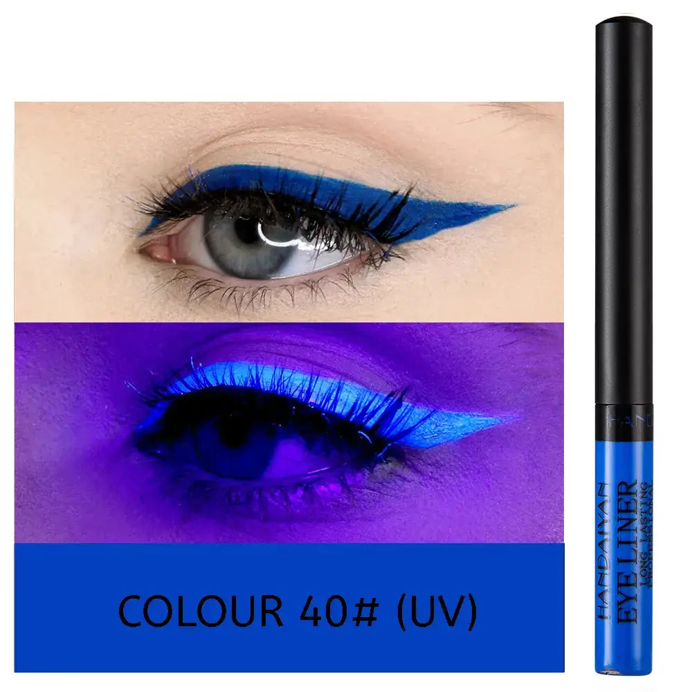 Vibrant blue liquid eyeliner pen with accompanying eye makeup examples.