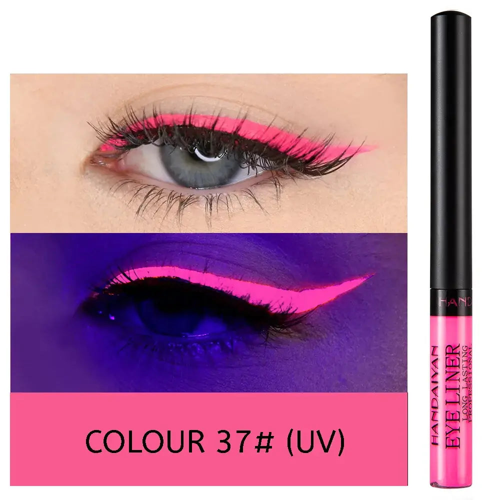 Vibrant pink liquid eyeliner with UV-reactive properties.