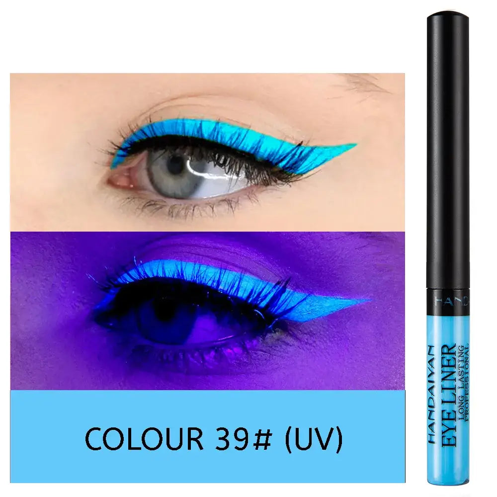 Bright blue liquid eyeliner with UV-reactive properties.