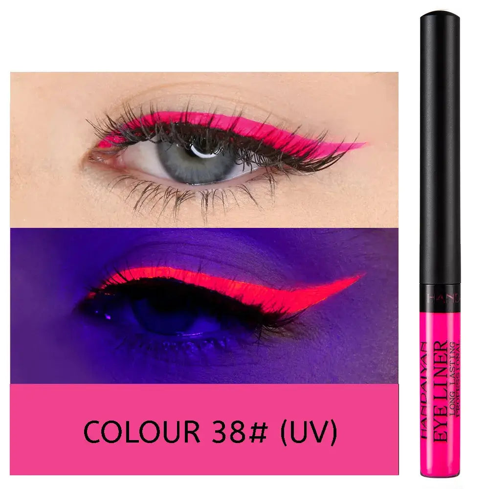 Vibrant pink liquid eyeliner with UV-reactive properties showcased in eye makeup swatches.