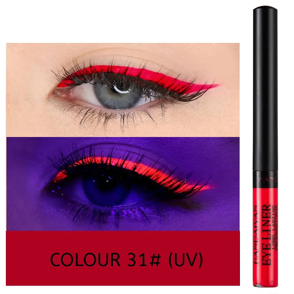 Vibrant red liquid eyeliner with dramatic eye makeup examples showcasing its UV-reactive properties.