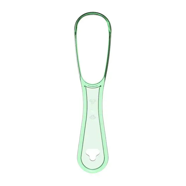 Pale green plastic tongue scraper with an elongated handle and oval scraping end.