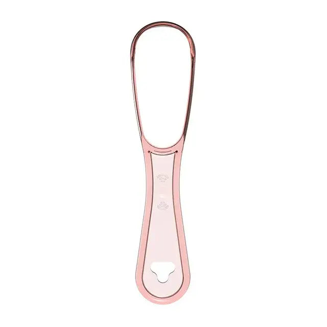 Pink plastic tongue scraper with a curved handle and oval-shaped head.