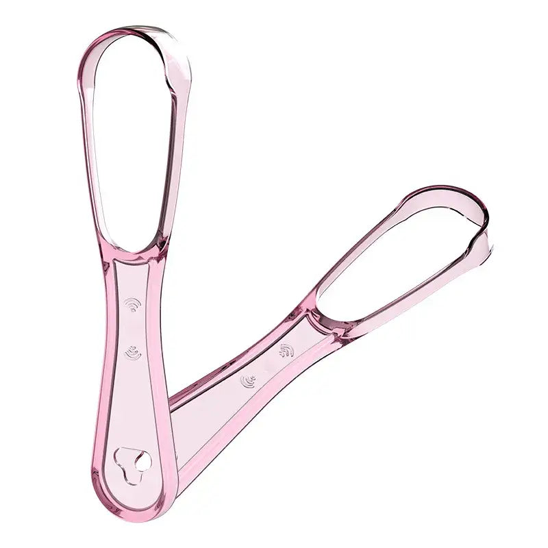 Pink plastic or acrylic tongs with curved handles and a V-shaped design.