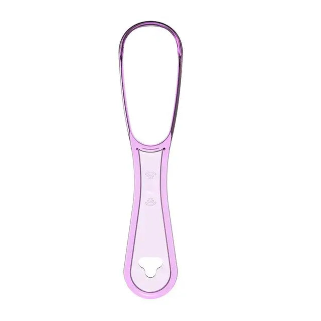 Purple plastic tongue scraper with a curved handle and oval-shaped head.