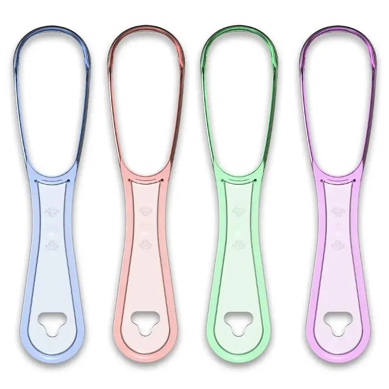 Tongue scrapers in four pastel colors: blue, pink, green, and purple.