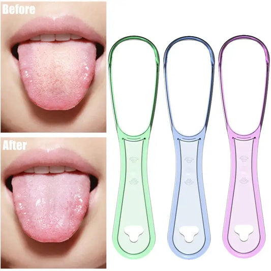 Tongue scraper tool shown alongside before and after images of a tongue.