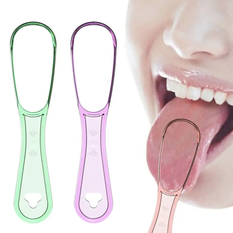 Tongue scraper tool for oral hygiene, shown in green and purple versions alongside a demonstration of use.