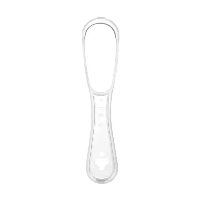 White plastic tongue scraper with a curved handle and oval-shaped head.